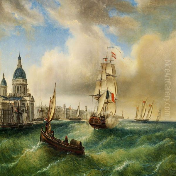 Ships Outside A Town by Louis Burgade