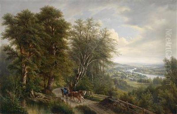 Large Danube Landscape With View Of Nussdorf Oil Painting by Josef, Jacob Burgaritzky