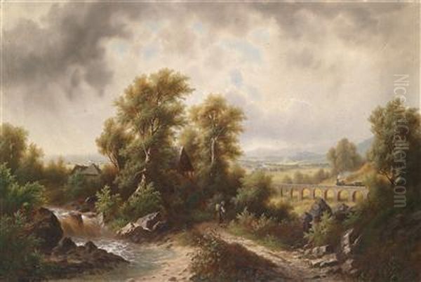 Landscape With Railroad Bridge Oil Painting by Josef, Jacob Burgaritzky