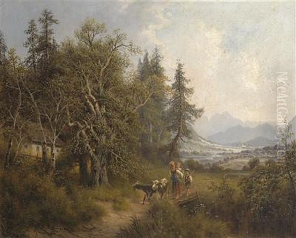 Scene Of The Salzkammergut, View Of Thetraunthal Oil Painting by Josef, Jacob Burgaritzky