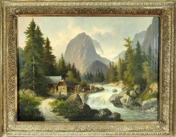 Sagewerk Am Gebirgsbach Oil Painting by Josef, Jacob Burgaritzky