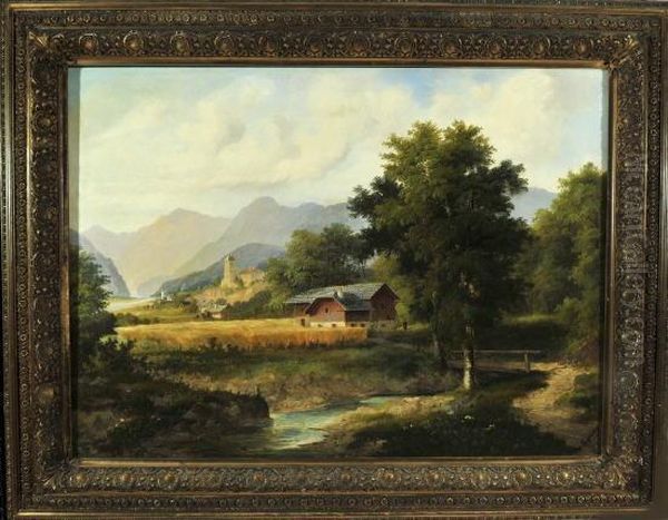 Haus Am Fluss In Weiter Berglandschaft Oil Painting by Josef, Jacob Burgaritzky