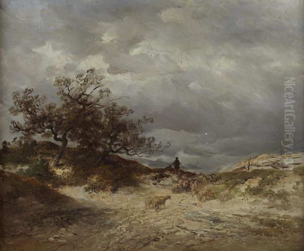 Shepherd And Flock On Heathland Oil Painting by Anton Burger