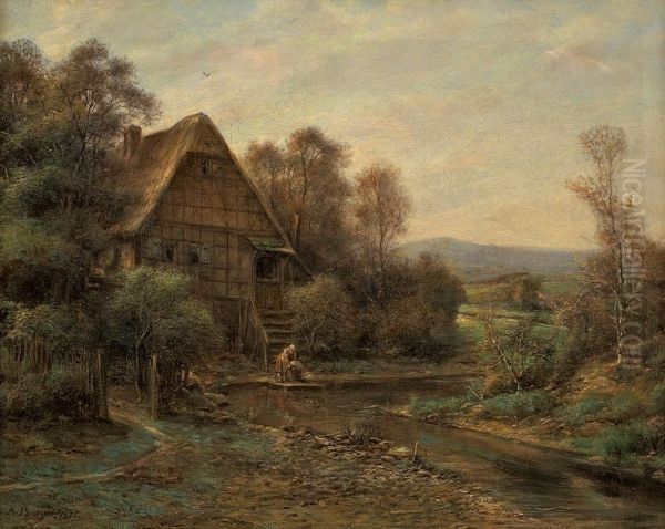 Landschaft Mitfachwerkhaus Und Wascherin An Einem Bach Oil Painting by Anton Burger