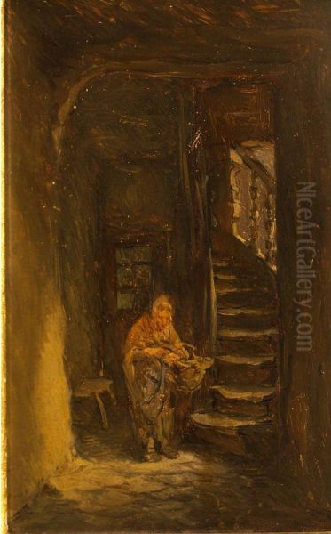 Woman With A Basket In An Entryway Oil Painting by Anton Burger