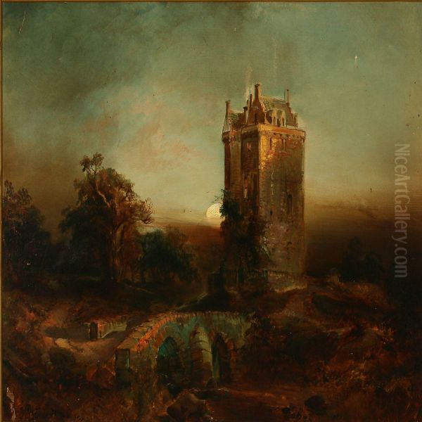 A Castle In Moonlight Oil Painting by J. Burger