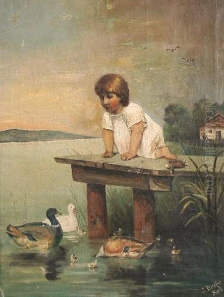 Knabe Auf Einem Steg An Einemteich, Der Enten Beobachtet Oil Painting by J. Burger