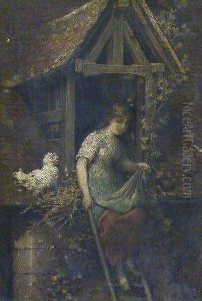 Girl And Chicken In A Doorway Oil Painting by Hendricus-Jacobus Burgers