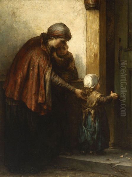 Mutter Mit Zwei Kindern Vor Der Ture Oil Painting by Hendricus-Jacobus Burgers