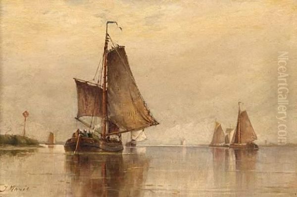 Fishing Boats On The Scheldt Oil Painting by Hendricus-Jacobus Burgers