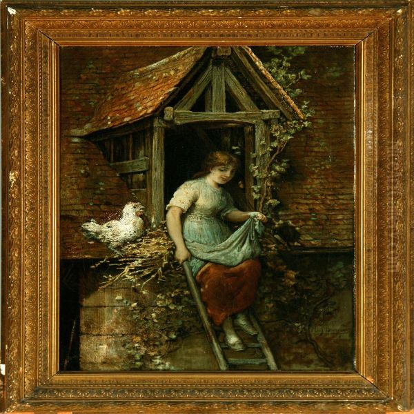 A Young Girl Collecting Eggs Oil Painting by Hendricus-Jacobus Burgers