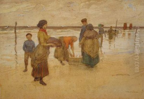 Yorkshire Fisher Folk On A Wet Sandy Beach Oil Painting by Ethel Kate Burgess