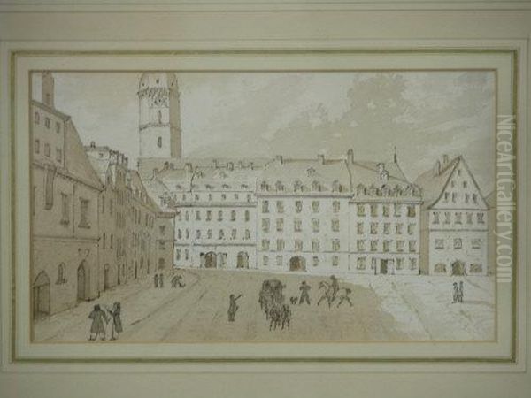 Architectural Study, A Townsquare Oil Painting by Henry William Burgess