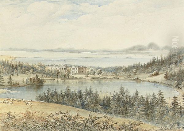 Mount Stewart And Strangford Lough With The Mountains Of Morne In The Distance Oil Painting by James Howard Burgess