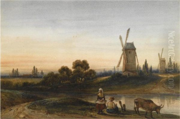 A Summer Landscape With Resting Peasants Along The River Side Oil Painting by John Cart Burgess