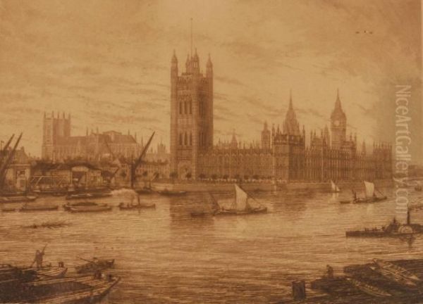 Thames Scenes At Westminster And St. Paul's Oil Painting by Walter William Burgess