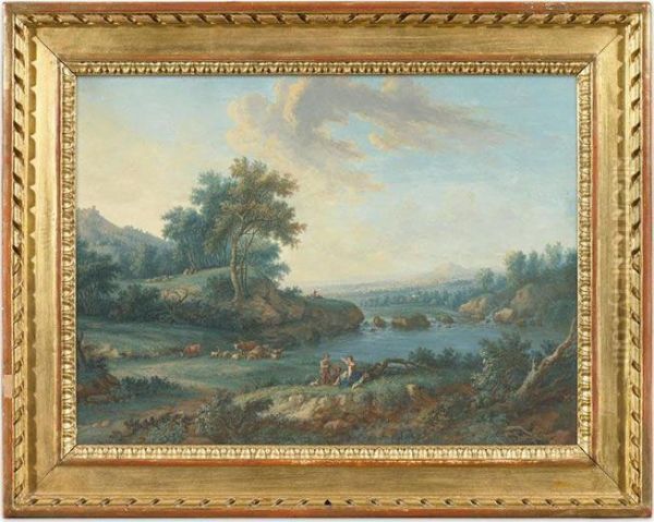 River Landscapes With Figures In The Foreground. Oil Painting by Jakob Burgi