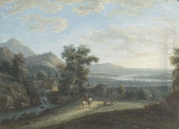 Gegenstucke: Zwei Flusslandschaften Mit Personenstaffagen Im Vordergrund. Oil Painting by Jakob Burgi