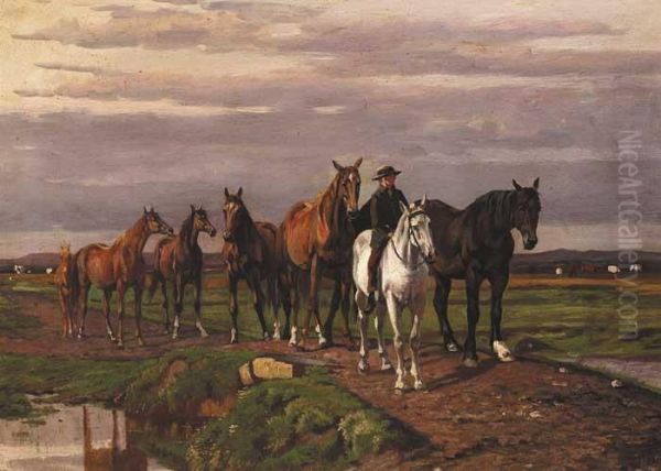 Mounted Rider Leading A Herd Of Horses Over A Stream Oil Painting by Augustus Nicolas Burke