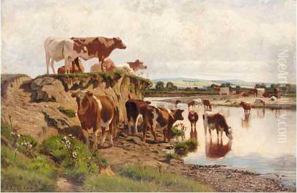 Cattle Watering Oil Painting by Augustus Nicolas Burke