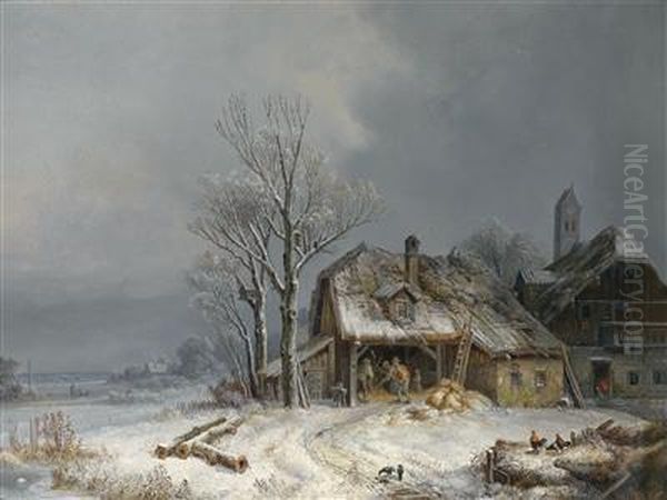 Village In Winter. Grain Being Threshed In The Barn Oil Painting by Heinrich Burkel