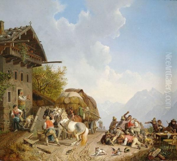 Rauferei Vor Einem Wirtshaus Oil Painting by Heinrich Burkel