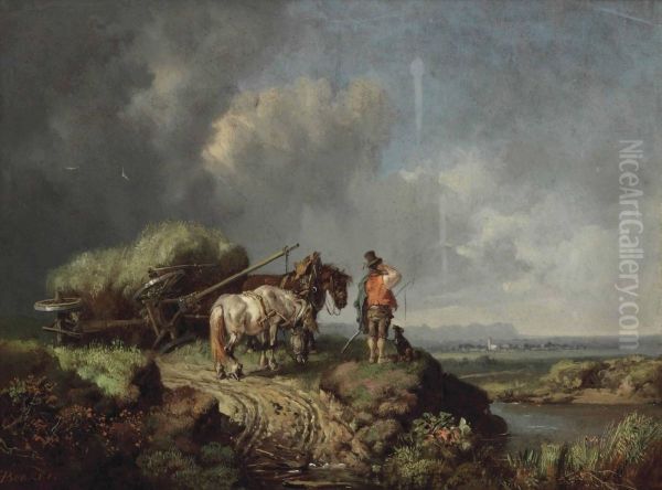 A Landscape With A Fallen Hay Wain Oil Painting by Heinrich Burkel