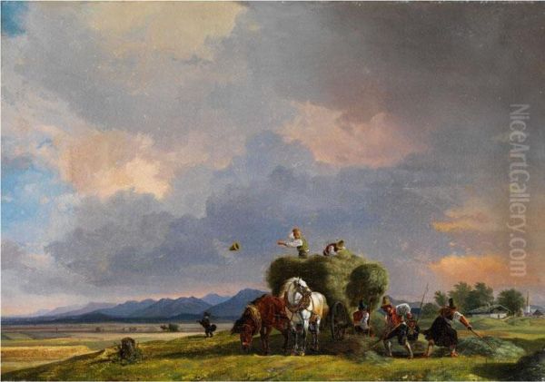 Aufkommendes Gewitter Bei Der Heuernte Oil Painting by Heinrich Burkel