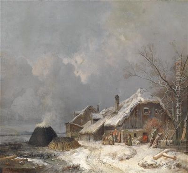 Farm House With Charcoal Stack Oil Painting by Heinrich Burkel