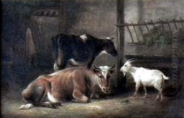 Cows And Goat In A Byre Oil Painting by Heinrich Burkel