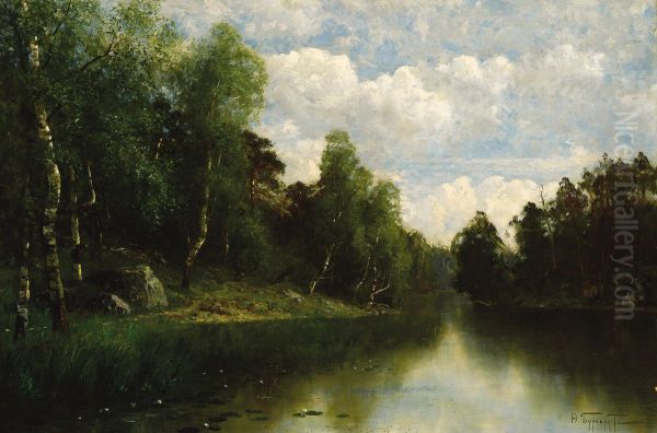 River In The Summer Oil Painting by Fedor Karlovich Burkhardt