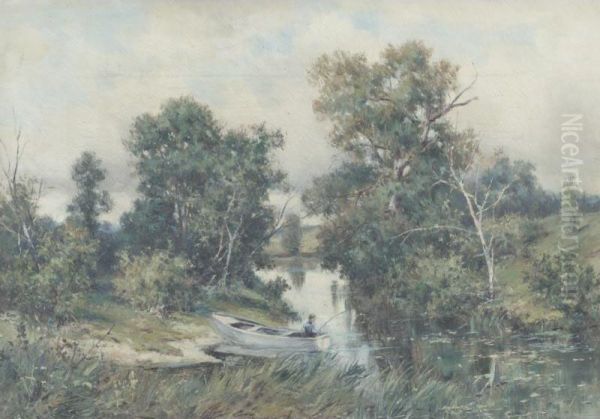 River Landscape With Boater Oil Painting by Fedor Karlovich Burkhardt