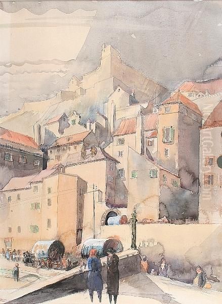 Continental Town Scene With Figures Oil Painting by Averil Mary Burleigh