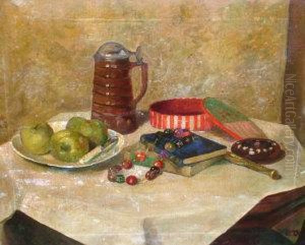 Follower Of Averil Mary Burleigh Ri Arws Aswa 1883-- Still Life Of A Tankard, Books A Necklace And Apples On A Table Oil Painting by Averil Mary Burleigh