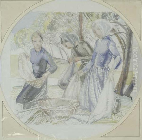 Unframed Watercolour Sketch For 'washerwomen' 15 X 16in Oil Painting by Averil Mary Burleigh