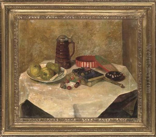 Three Apples, Two Books, A Necklace And Pitcher, On A Table Oil Painting by Averil Mary Burleigh