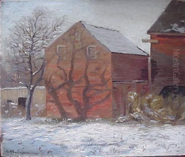 Red Barn Oil Painting by Charles Albert Burlingame