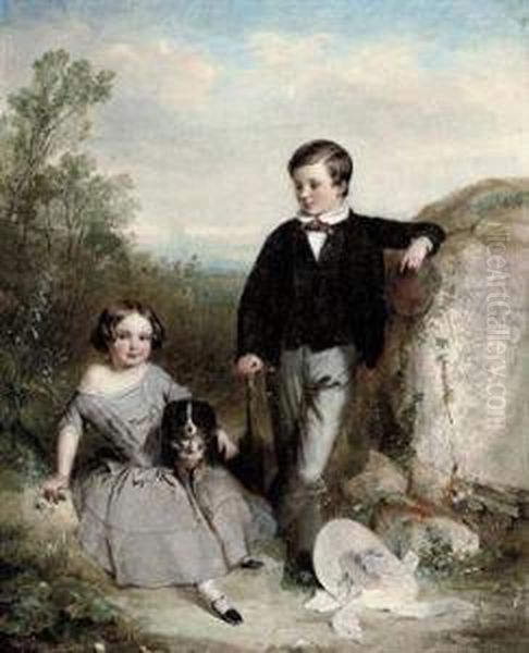 Portrait Of A Brother And Sister With Their Dog, In Alandscape Oil Painting by Clement Burlison