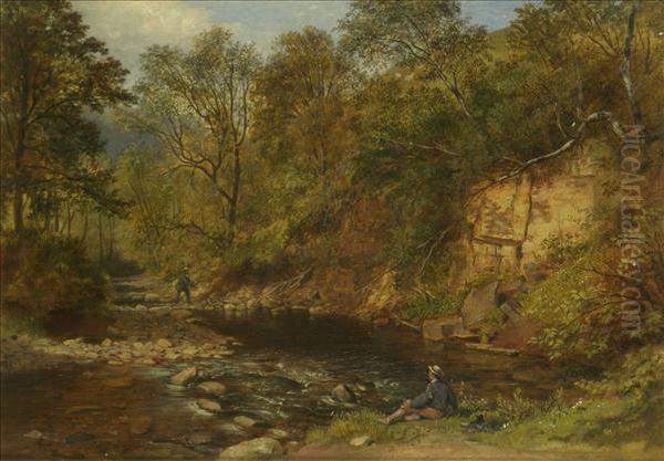 Fishing In A Woodland Stream Oil Painting by Clement Burlison