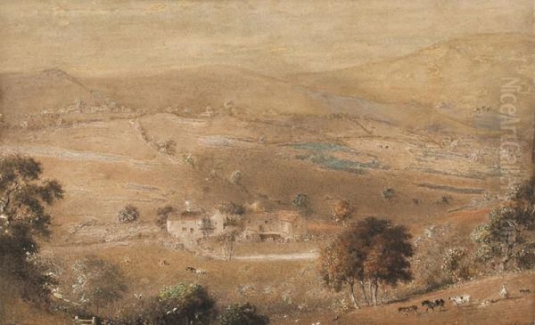 Valley Landscape With Farm Houses And Figures Oil Painting by Henry Burn