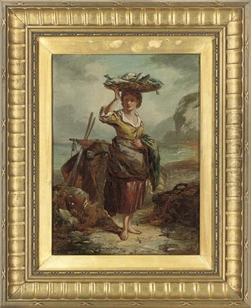 Study Of A Girl On A Beach With A Basket Of Fish Oil Painting by Thomas F. Burn