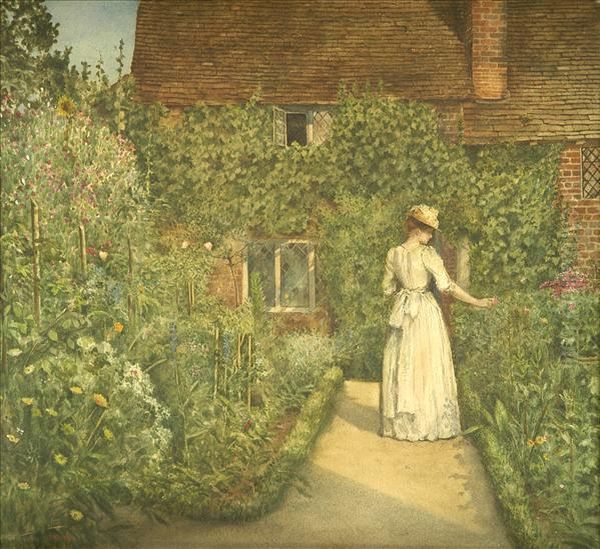 A Surreygarden Oil Painting by Sir Edward Coley Burne-Jones