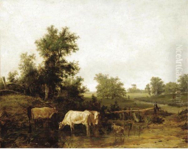 Cattle Watering Oil Painting by James M. Burnet