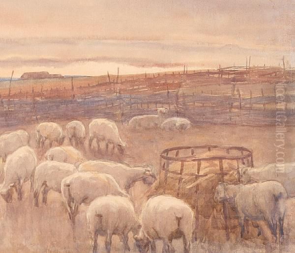 Sheep In A Landscape Oil Painting by Cecil Ross Burnett