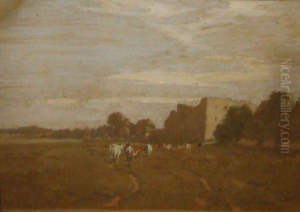 Drover With Cattle By A Ruined Castle Oil Painting by Cecil Ross Burnett