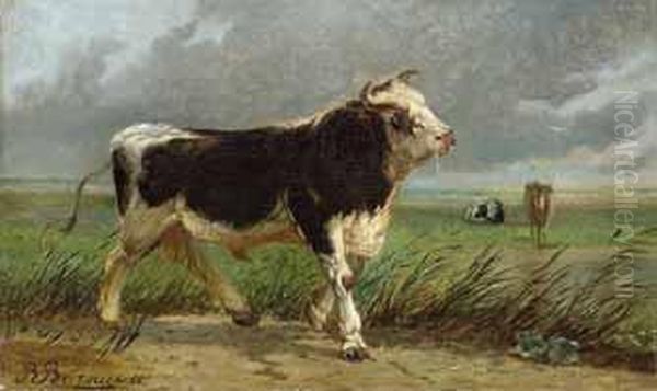 Stier Vor Gewitterlandschaft, Im Hintergrund Weidende Kuhe. Oil Painting by Richard Burnier