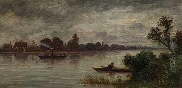 R.u.sig., Frankfurt/m. - Daselbst, ?flusslauf Mit Dampfschiff Und Ruderer Oil Painting by Karl Peter Burnitz