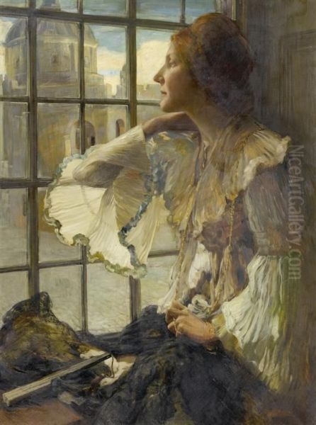 Portrait Of A Lady At A Window With A View Of Theflorence Cathedral Oil Painting by Robert Burns