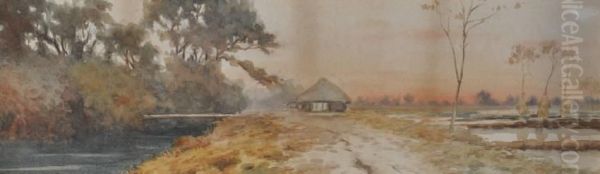 Rural River Scene Oil Painting by Tokusa Buro Kobayashi