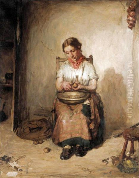 Woman Peeling Potatoes Oil Painting by Alexander Hohenlohe Burr